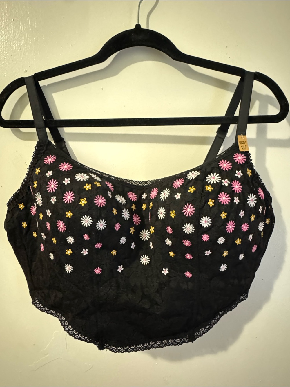 Black Floral Embroidered Bralette with Pink & White Daisies
